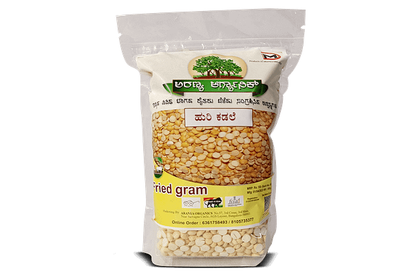 Image of a packet filled with fried gram from Aranya Organics