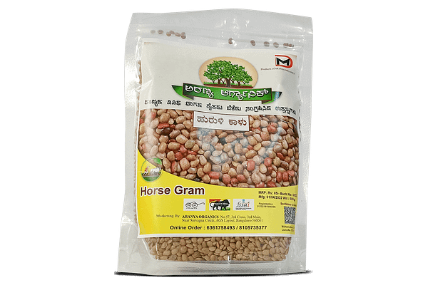 Image of a packet filled with Horse Gram from Aranya Organics